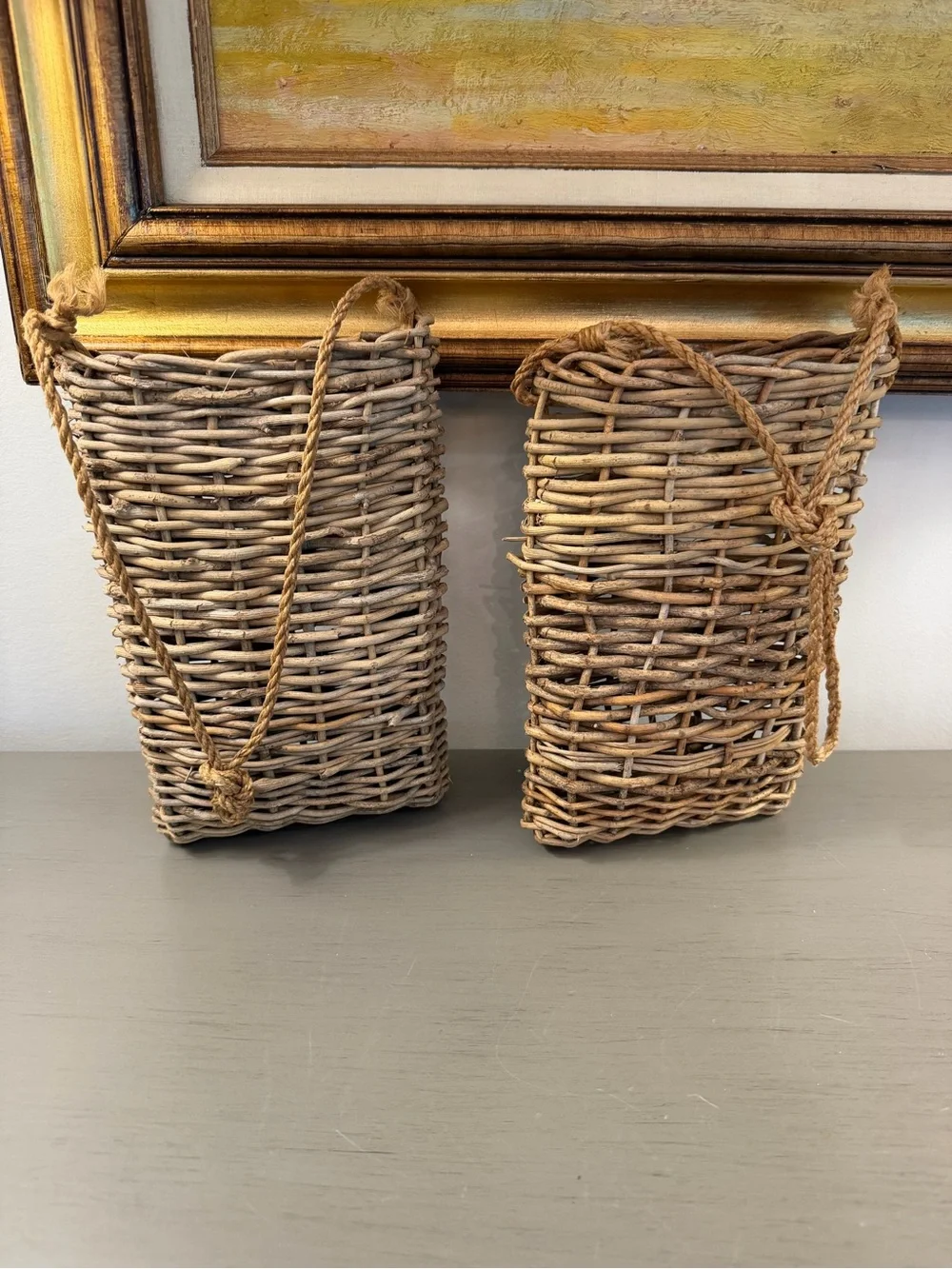 Rustic Twig Wall Pocket Hanging Baskets Set of 2 Woven Wood Rope Farmhouse
